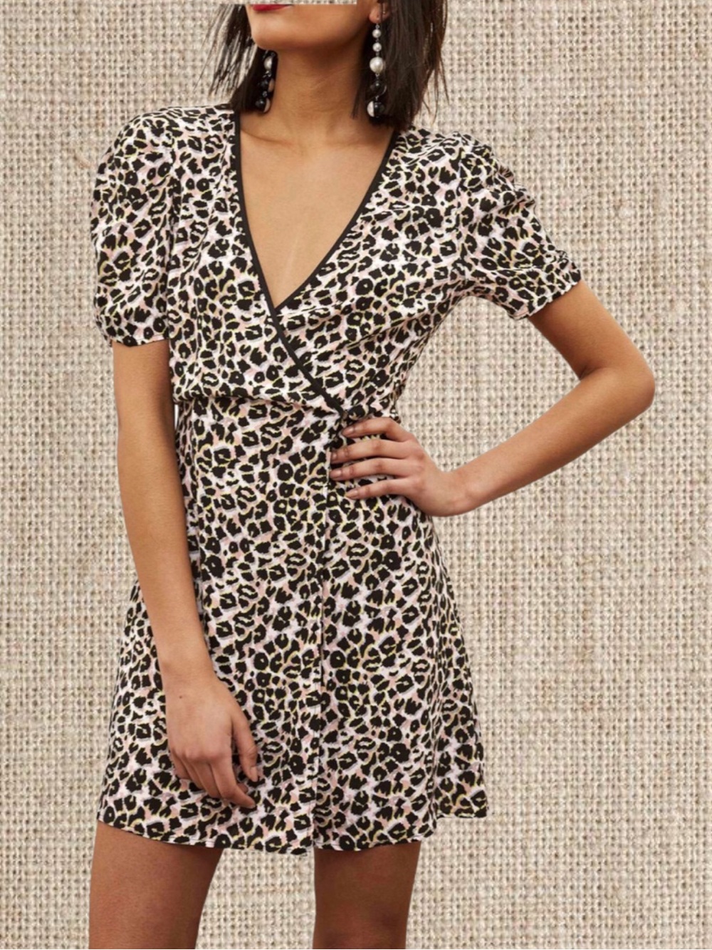 Topshop Leopard-Print Wrap Mini Dress in Black and Beige